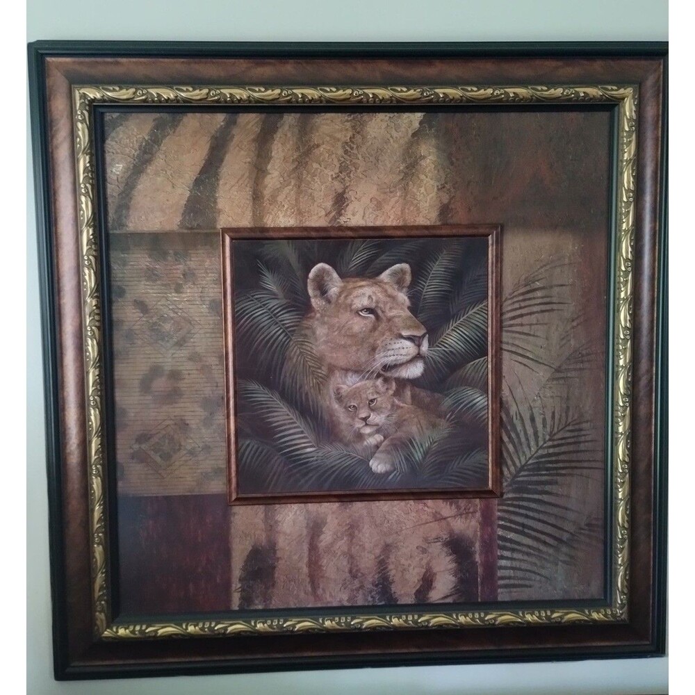 Large Framed Safari Lioness & Cub Wall Art 44x44 Brown Gold Animal Print Home